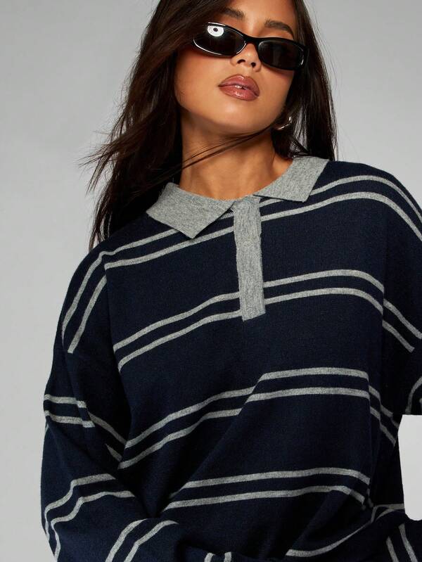 MISSGUIDED Striped Rugby Knit Sweater With Collared Neckline