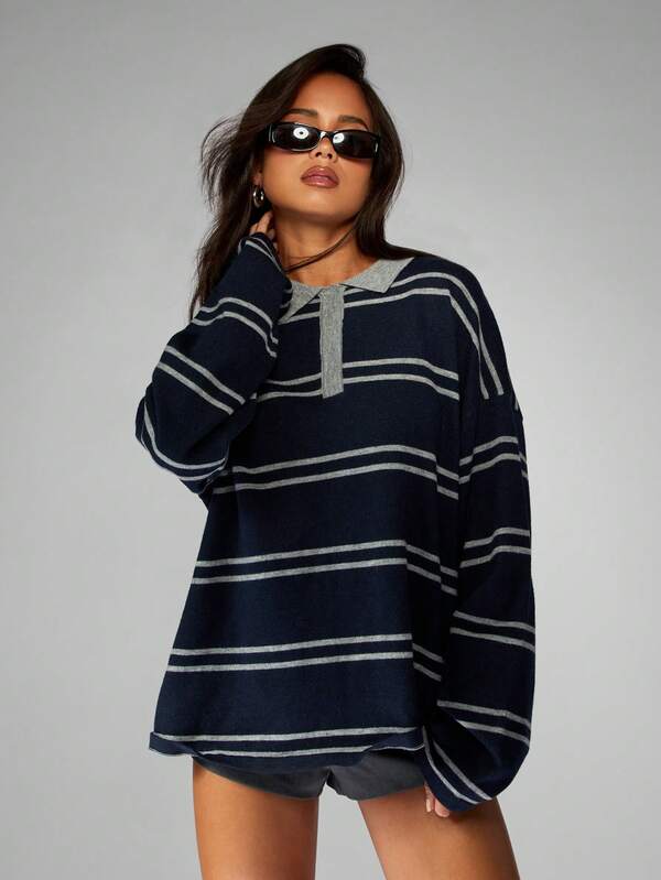 MISSGUIDED Striped Rugby Knit Sweater With Collared Neckline