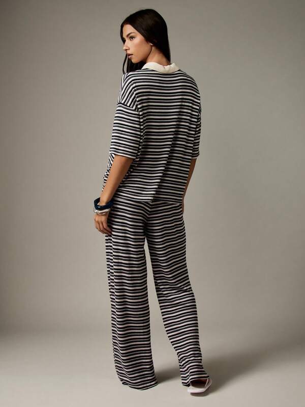 MISSGUIDED Striped Rugby Polo And Wide Leg Pants Coordinate
