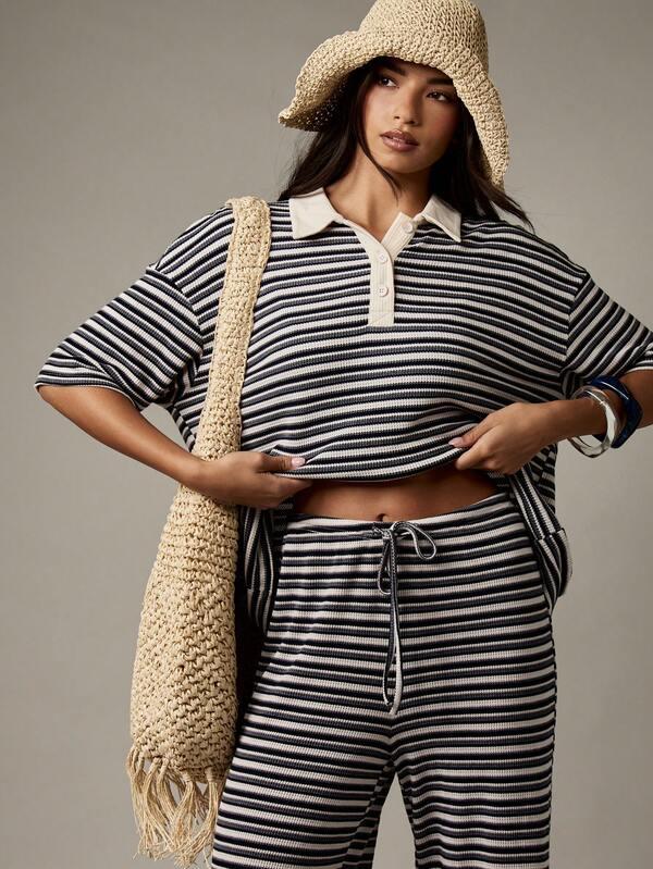 MISSGUIDED Striped Rugby Polo And Wide Leg Pants Coordinate