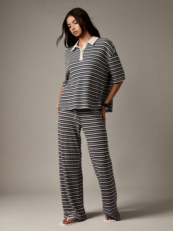 MISSGUIDED Striped Rugby Polo And Wide Leg Pants Coordinate