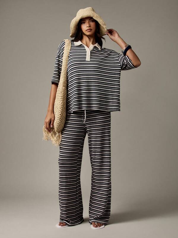 MISSGUIDED Striped Rugby Polo And Wide Leg Pants Coordinate