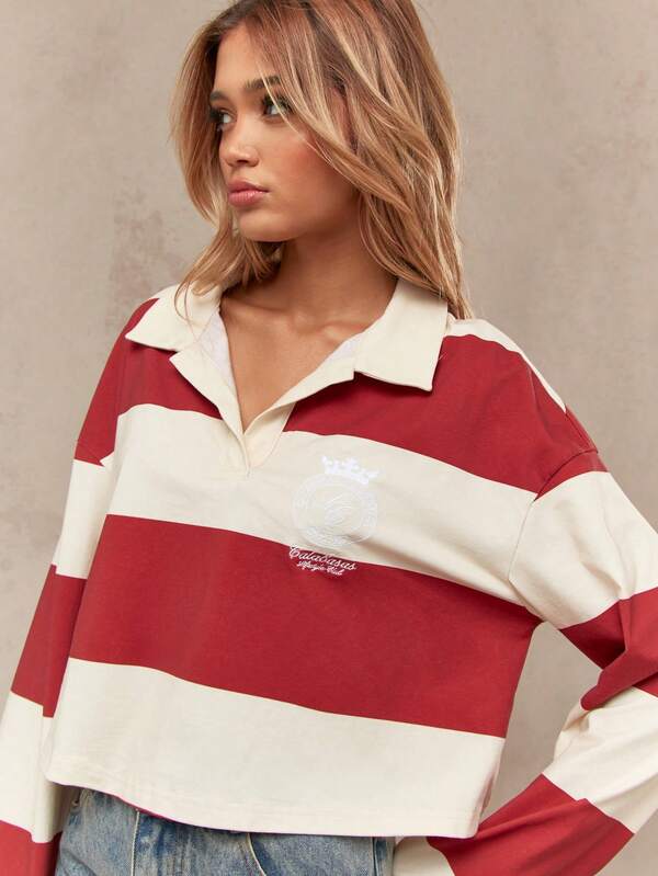 MISSGUIDED Striped Rugby Polo Crop Top With Collared Neckline
