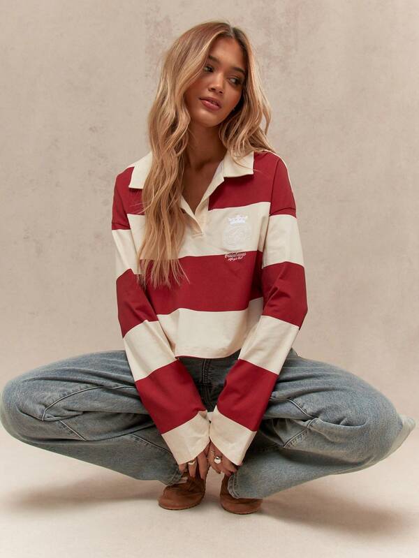MISSGUIDED Striped Rugby Polo Crop Top With Collared Neckline