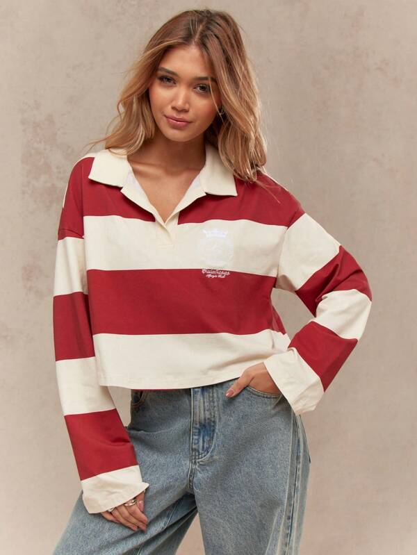MISSGUIDED Striped Rugby Polo Crop Top With Collared Neckline