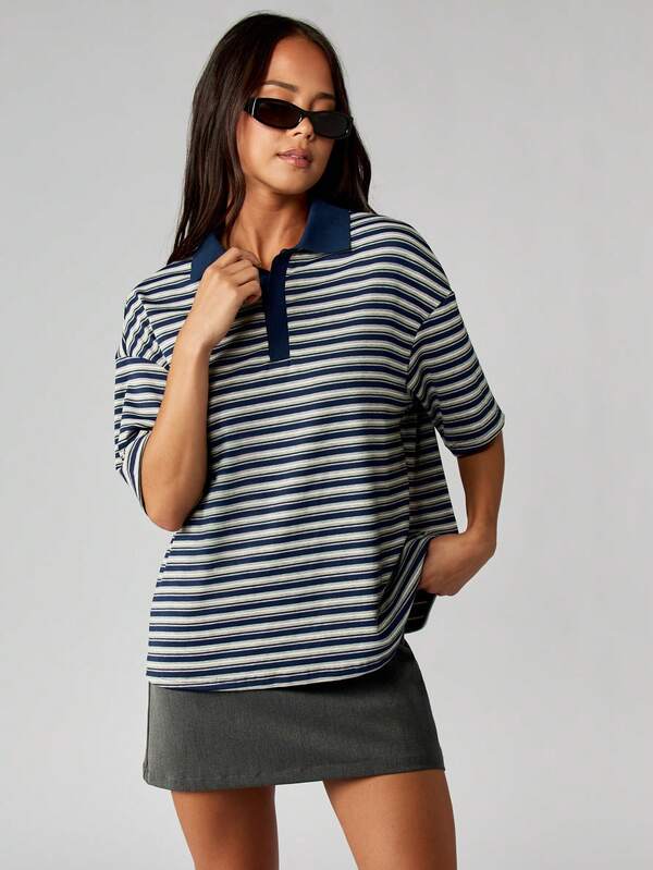 MISSGUIDED Striped Rugby Polo Shirt With Collar