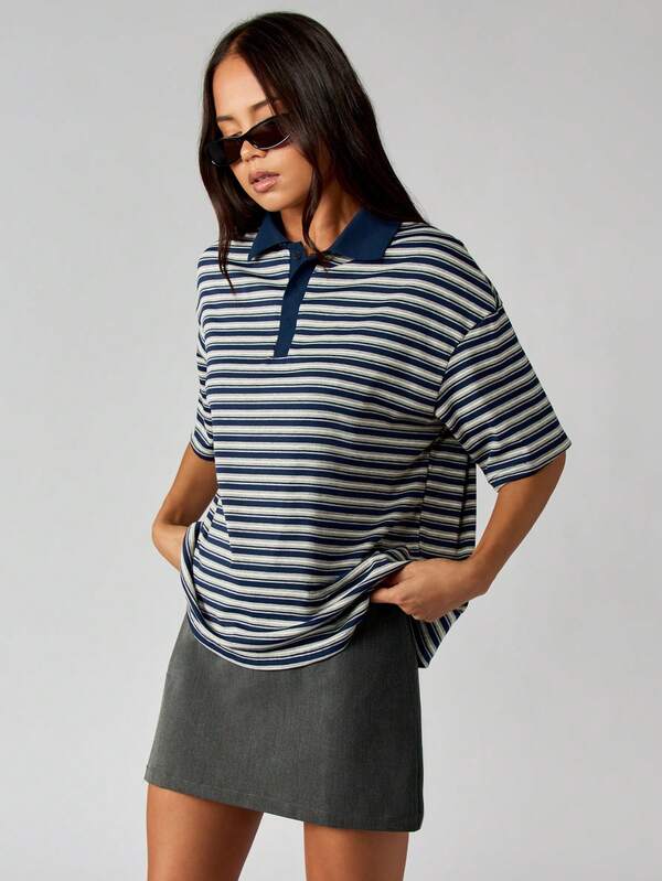 MISSGUIDED Striped Rugby Polo Shirt With Collar