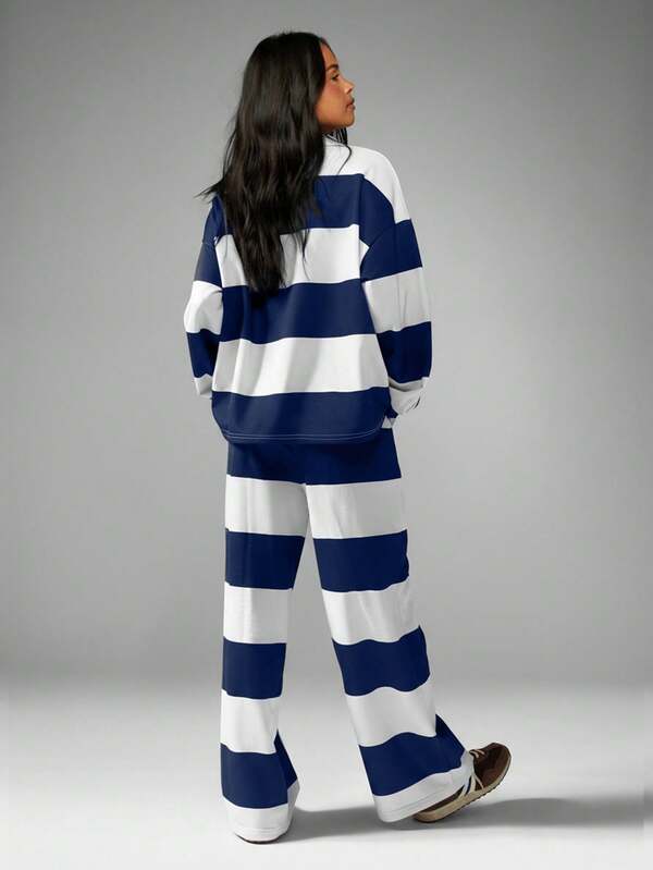 MISSGUIDED Striped Rugby Polo Sweatshirt With Wide Leg Pants Set