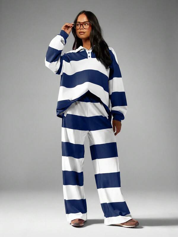 MISSGUIDED Striped Rugby Polo Sweatshirt With Wide Leg Pants Set