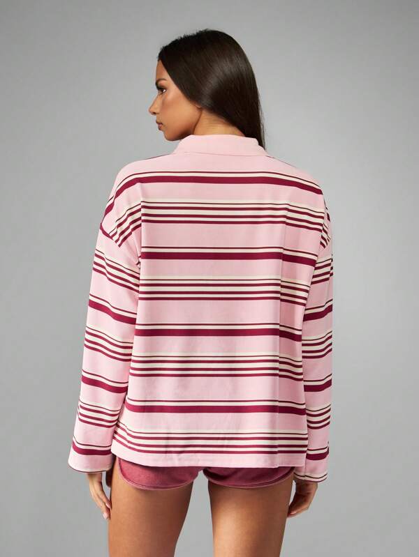 MISSGUIDED Striped Rugby Polo Top With Collared Neckline