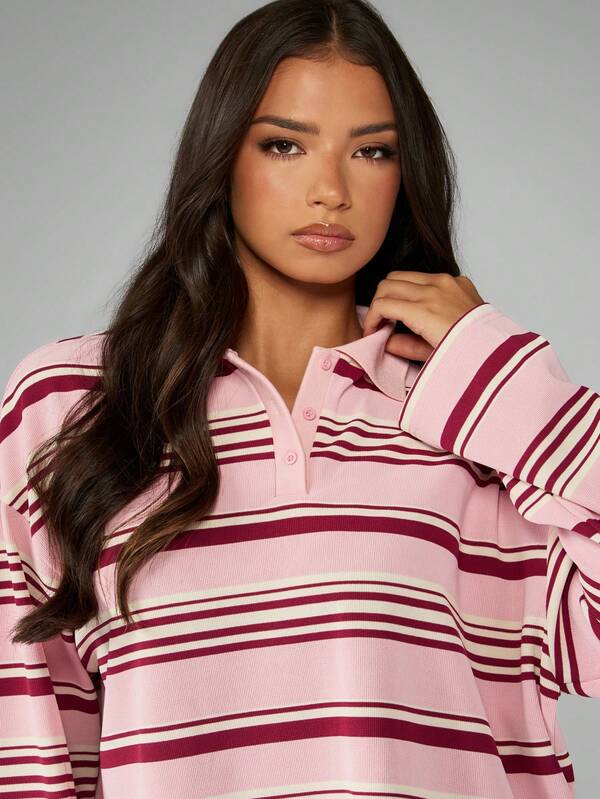 MISSGUIDED Striped Rugby Polo Top With Collared Neckline