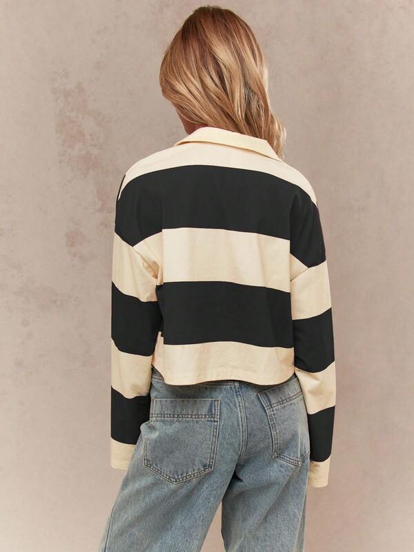 MISSGUIDED Striped Rugby Polo Top With Collared Neckline And Long Sleeves