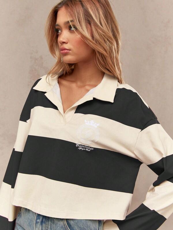 MISSGUIDED Striped Rugby Polo Top With Collared Neckline And Long Sleeves