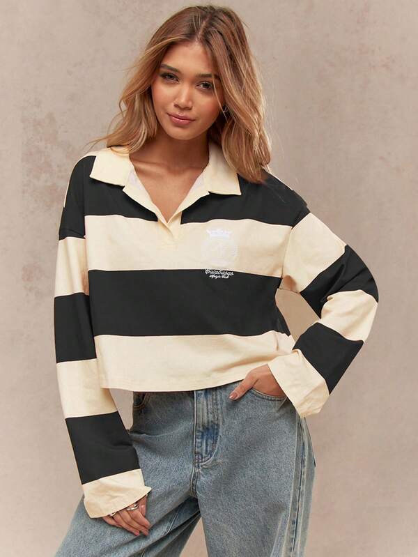 MISSGUIDED Striped Rugby Polo Top With Collared Neckline And Long Sleeves