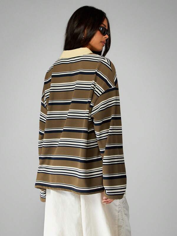 MISSGUIDED Striped Rugby Polo Top With Contrast Collar
