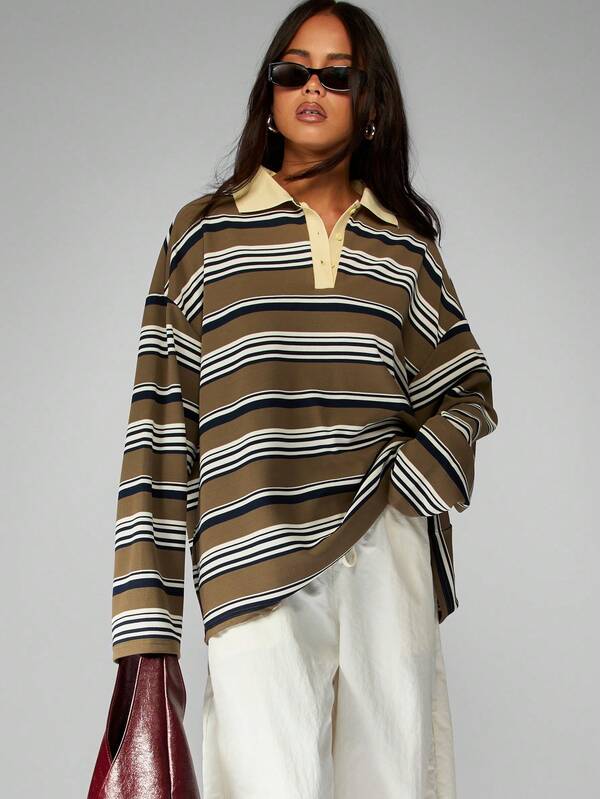 MISSGUIDED Striped Rugby Polo Top With Contrast Collar