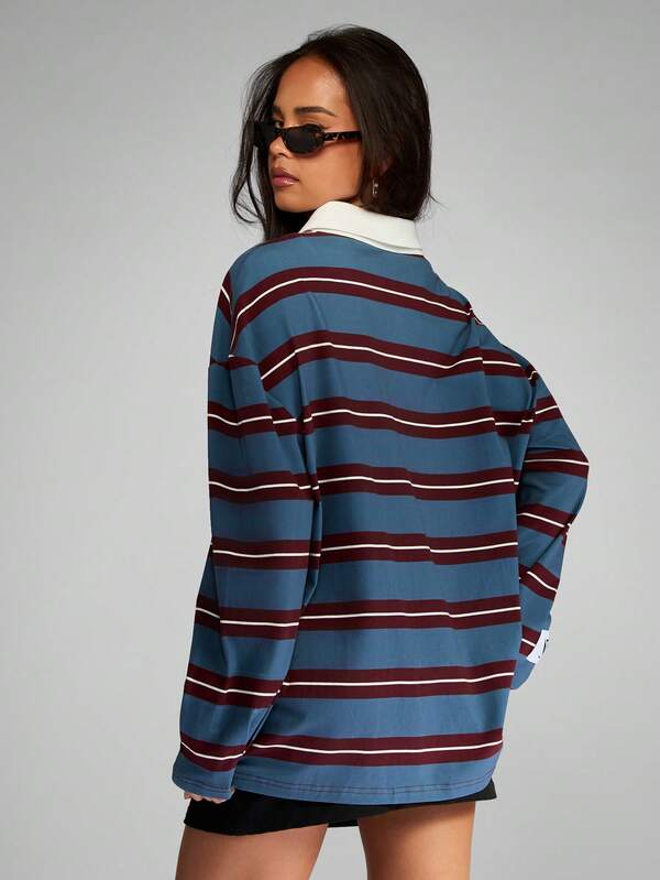 MISSGUIDED Striped Rugby Polo Top With Contrast Collar