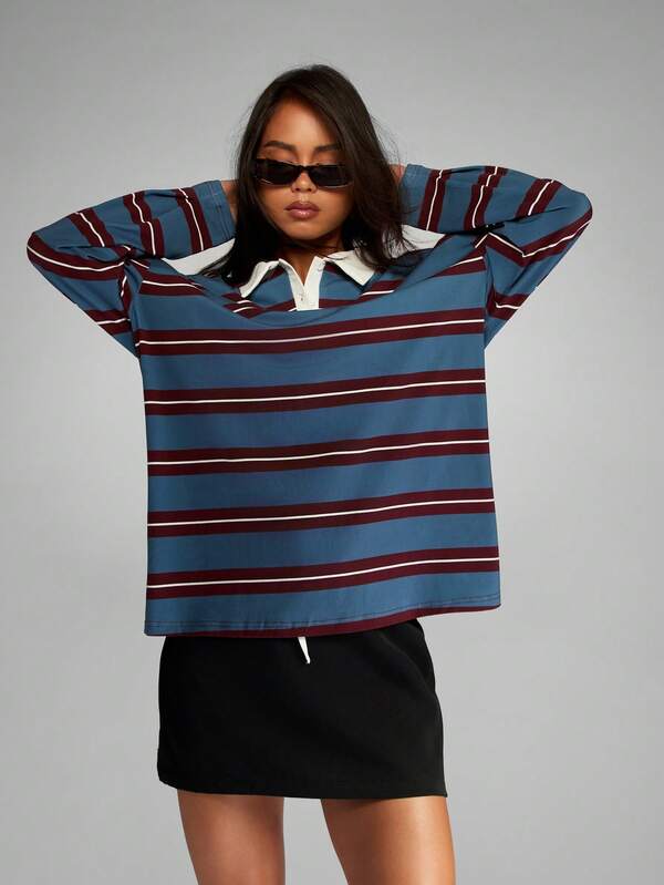 MISSGUIDED Striped Rugby Polo Top With Contrast Collar