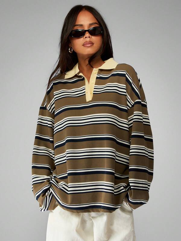 MISSGUIDED Striped Rugby Polo Top With Contrast Collar
