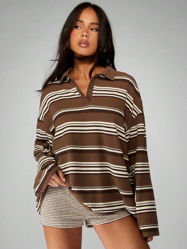 MISSGUIDED Striped Rugby Polo Top With Long Sleeves