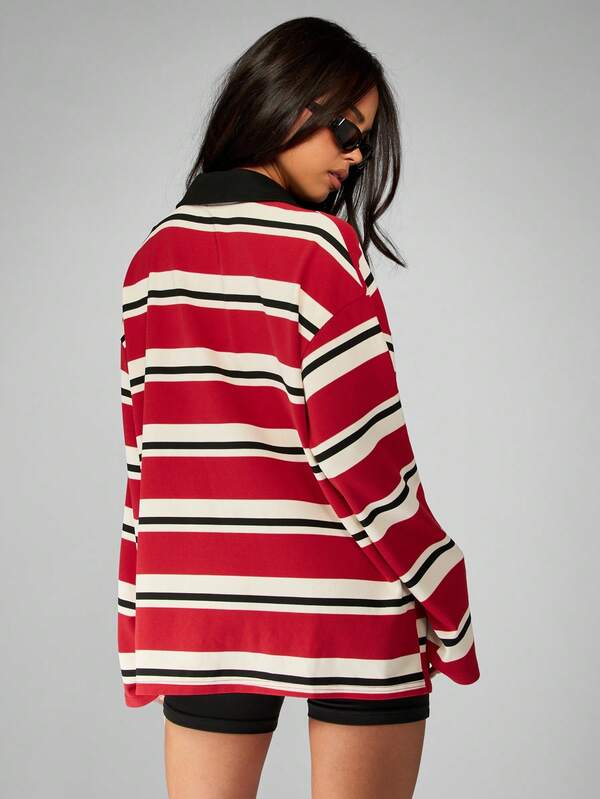MISSGUIDED Striped Rugby Polo With Contrast Collar And Cuffs