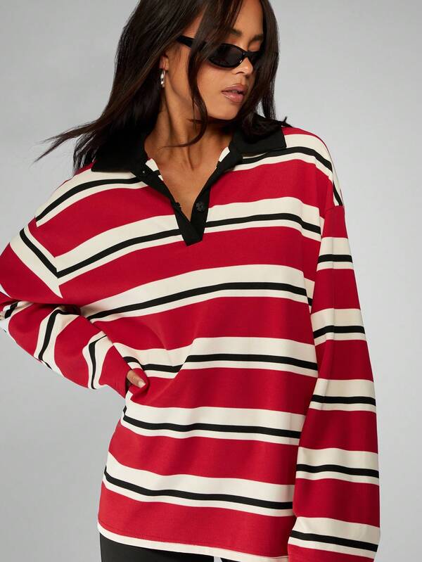 MISSGUIDED Striped Rugby Polo With Contrast Collar And Cuffs