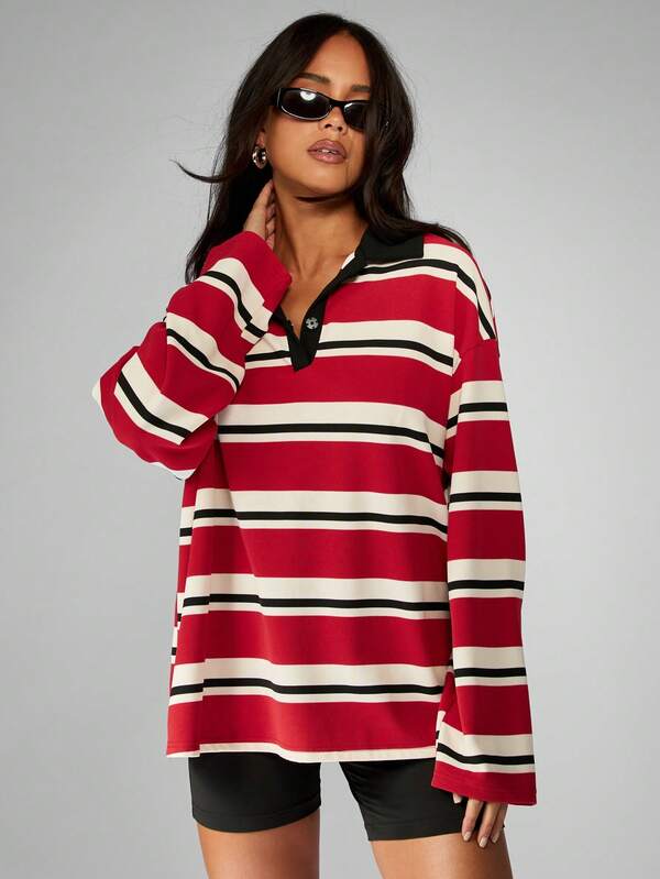 MISSGUIDED Striped Rugby Polo With Contrast Collar And Cuffs