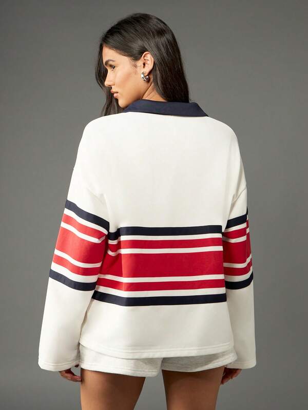 MISSGUIDED Striped Rugby Sweatshirt With Polo Collar And Sports Club Logo