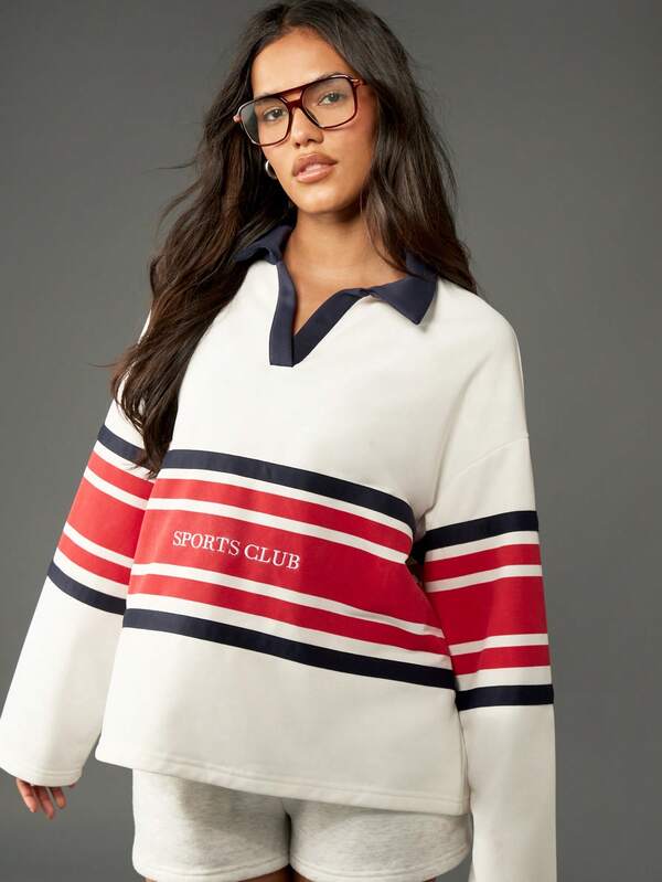 MISSGUIDED Striped Rugby Sweatshirt With Polo Collar And Sports Club Logo