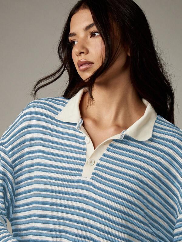 MISSGUIDED Striped Rugby Top And Shorts With Polo Collar