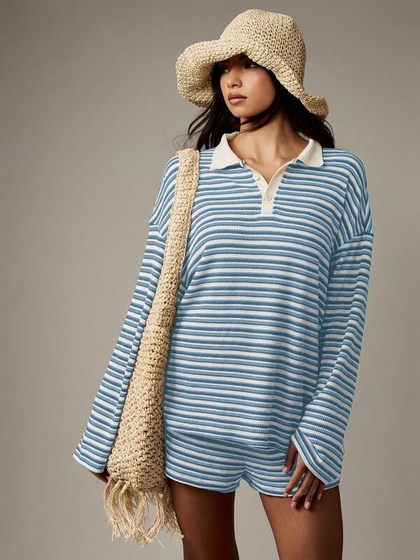 MISSGUIDED Striped Rugby Top And Shorts With Polo Collar
