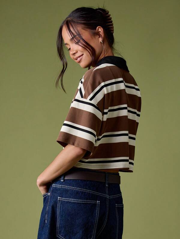 MISSGUIDED Striped Rugby Top With Contrast Collar