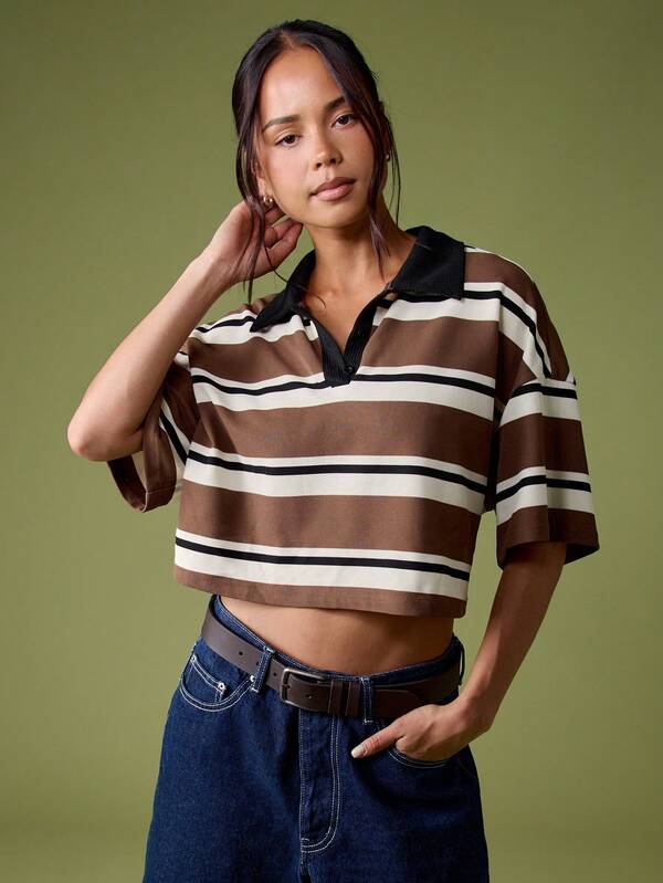 MISSGUIDED Striped Rugby Top With Contrast Collar
