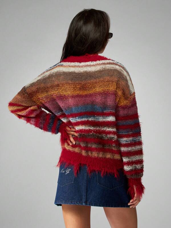 MISSGUIDED Striped Turtleneck Sweater With Fringe Hem Detail