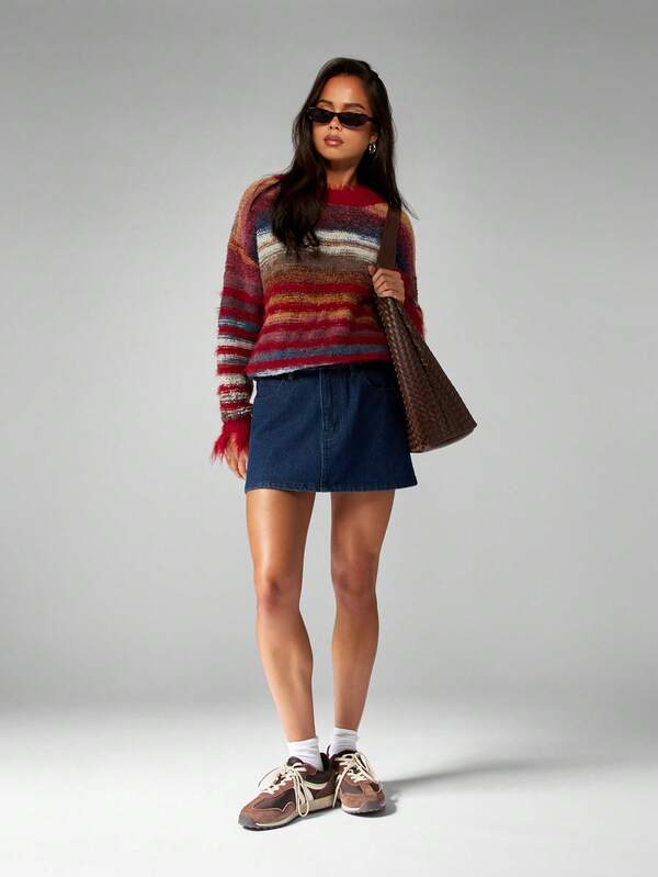 MISSGUIDED Striped Turtleneck Sweater With Fringe Hem Detail