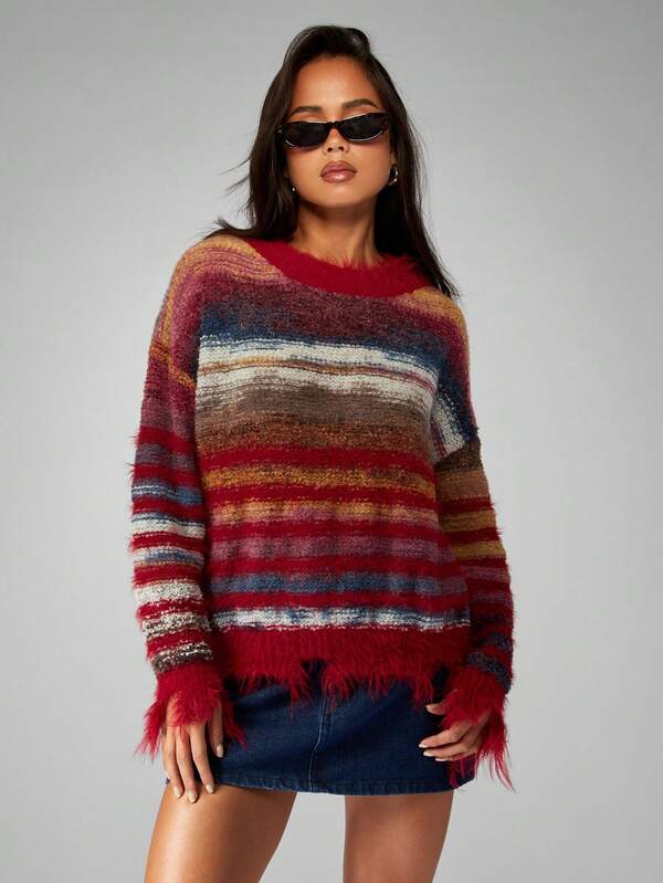 MISSGUIDED Striped Turtleneck Sweater With Fringe Hem Detail