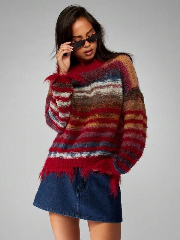 MISSGUIDED Striped Turtleneck Sweater With Fringe Hem Detail