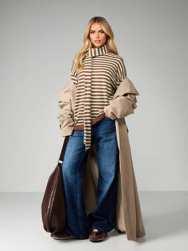 MISSGUIDED Striped Turtleneck Sweater With Scarf