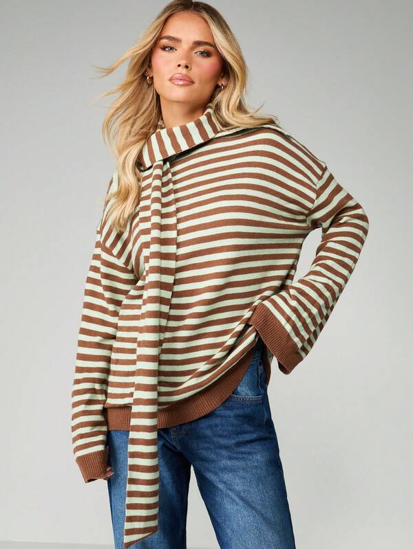 MISSGUIDED Striped Turtleneck Sweater With Scarf