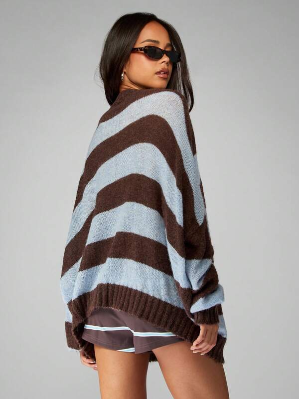 MISSGUIDED Striped V Neck Button Down Oversized Cardigan