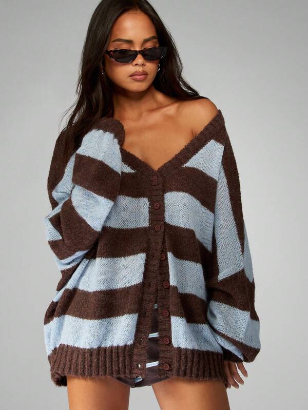 MISSGUIDED Striped V Neck Button Down Oversized Cardigan