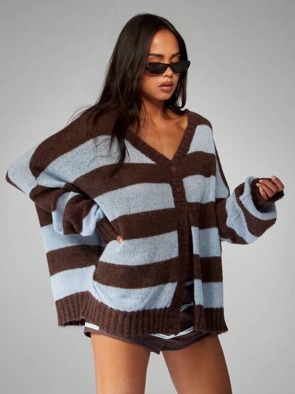 MISSGUIDED Striped V Neck Button Down Oversized Cardigan