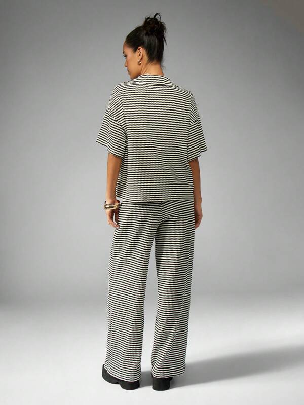 MISSGUIDED Striped Wide Leg Casual Wide Collar Women Two-Piece Outfits