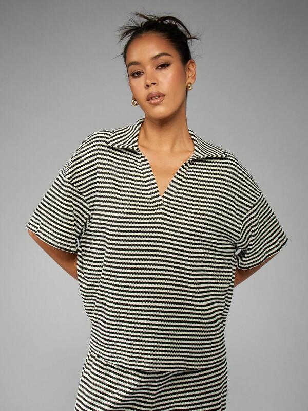 MISSGUIDED Striped Wide Leg Casual Wide Collar Women Two-Piece Outfits