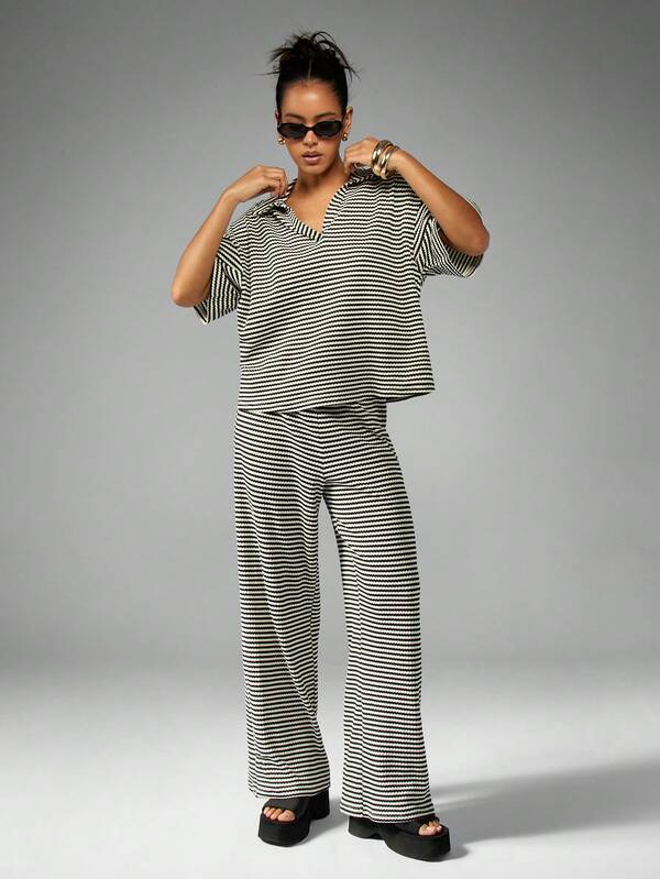 MISSGUIDED Striped Wide Leg Casual Wide Collar Women Two-Piece Outfits