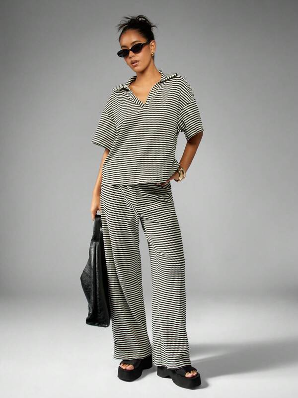 MISSGUIDED Striped Wide Leg Casual Wide Collar Women Two-Piece Outfits