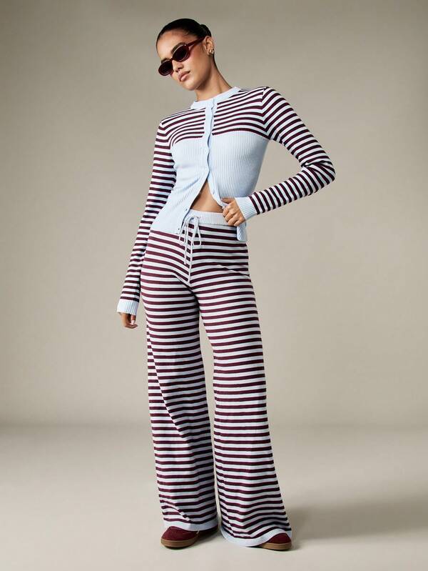 MISSGUIDED Striped Wide Leg Knit Pants With Ribbed Waistband
