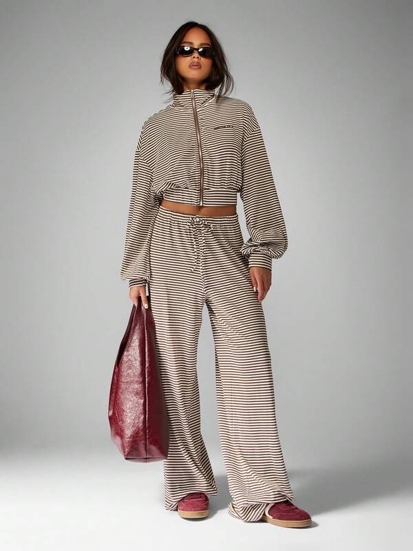 MISSGUIDED Striped Zip Up Jacket With Wide Leg Pants