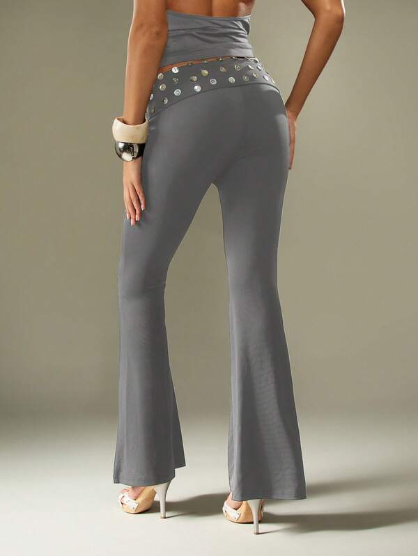 MISSGUIDED Studded Belt Flare Pants With Foldover Waist