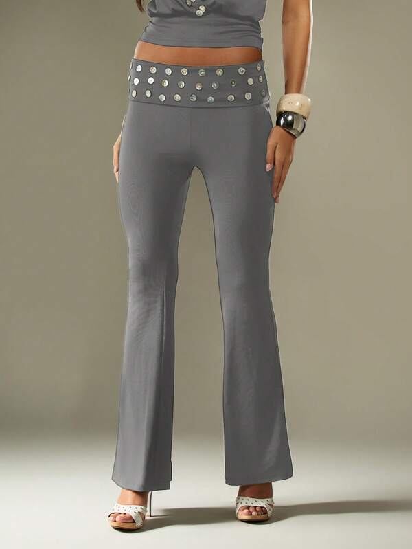 MISSGUIDED Studded Belt Flare Pants With Foldover Waist
